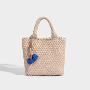 Beige woven PU leather bag, handheld tote, front view