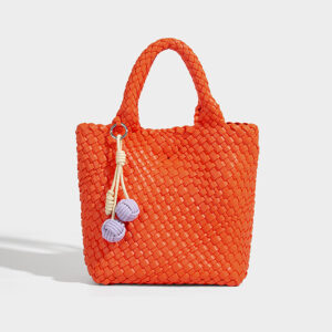 Orange woven PU bucket handbag with detachable charm