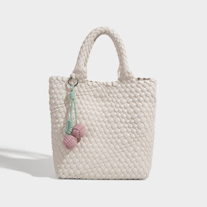 White woven leather-look tote, small bucket shape