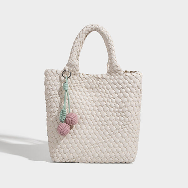 White woven leather-look tote, small bucket shape