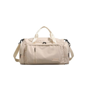 Beige large-capacity travel duffel bag with wet/dry pocket, front view