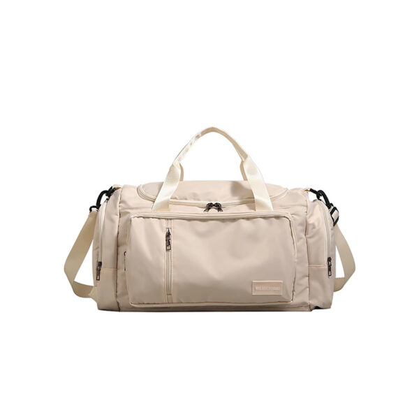 Beige large-capacity travel duffel bag with wet/dry pocket, front view