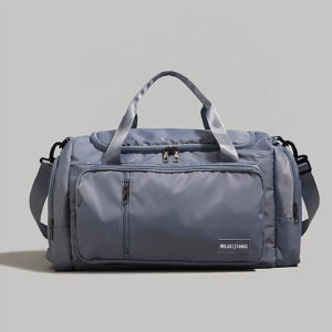 Grey travel duffle bag, front view with compartments