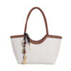 White and brown PU woven basket tote with charm tassels, front view