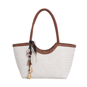 White and brown PU woven basket tote with charm tassels, front view