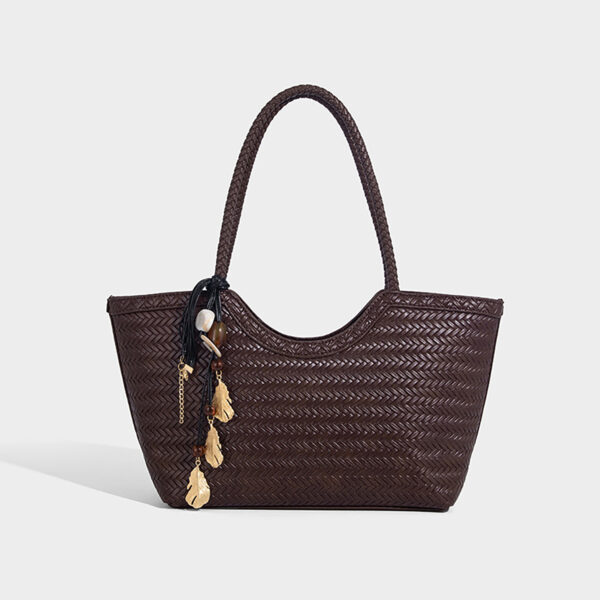 Dark brown large PU woven tote bag for women, basket style