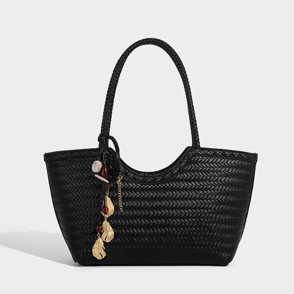 Black PU woven bag with shoulder handles and decorative tassels