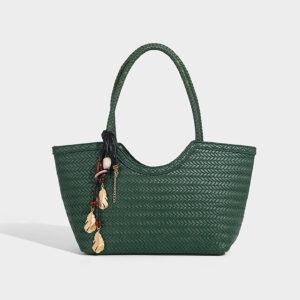 Green woven tote bag women, PU basket silhouette