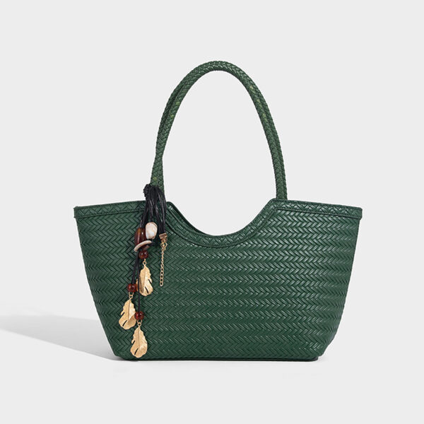 Green woven tote bag women, PU basket silhouette