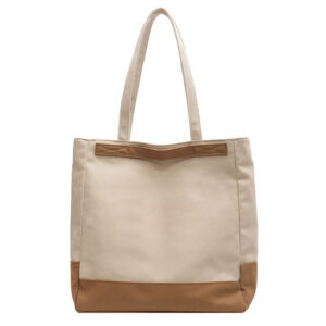 Custom canvas tote bag, cream with camel trim- front view, large capacity