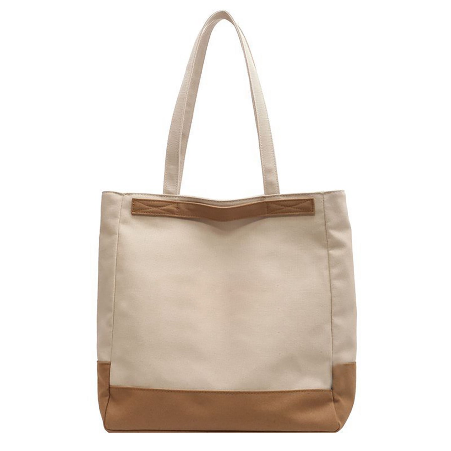 Custom canvas tote bag, cream with camel trim- front view, large capacity