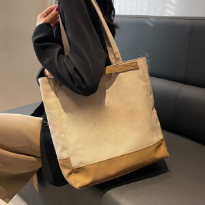 Beige canvas tote bag styled for office and school commuting