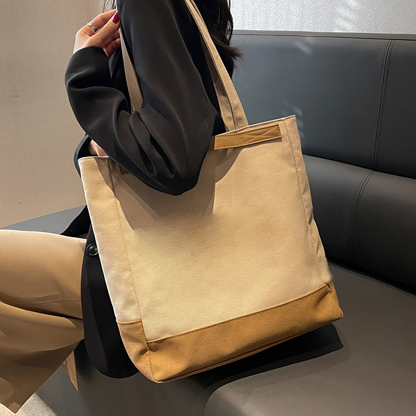 Beige canvas tote bag styled for office and school commuting