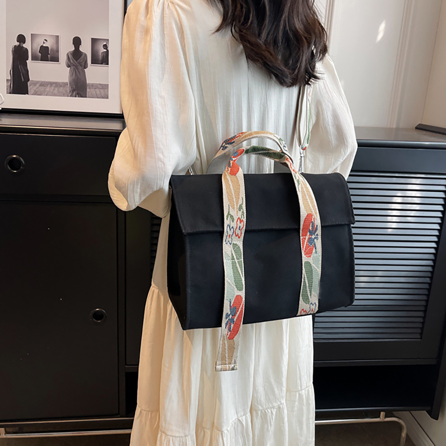 black canvas tote bag showing street trendy stitching detail and zipper