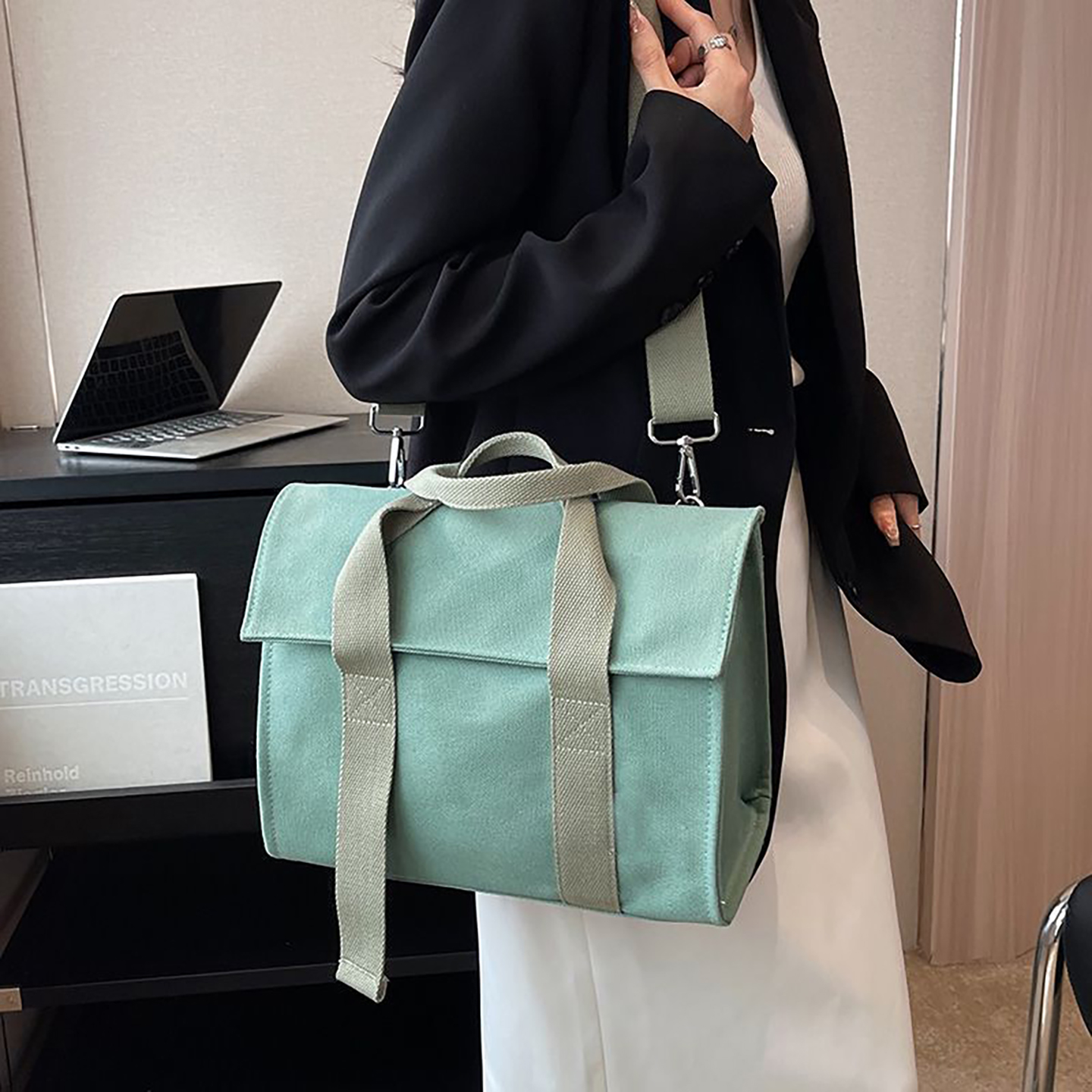 lifestyle: side profile of canvas tote bag, roomy body