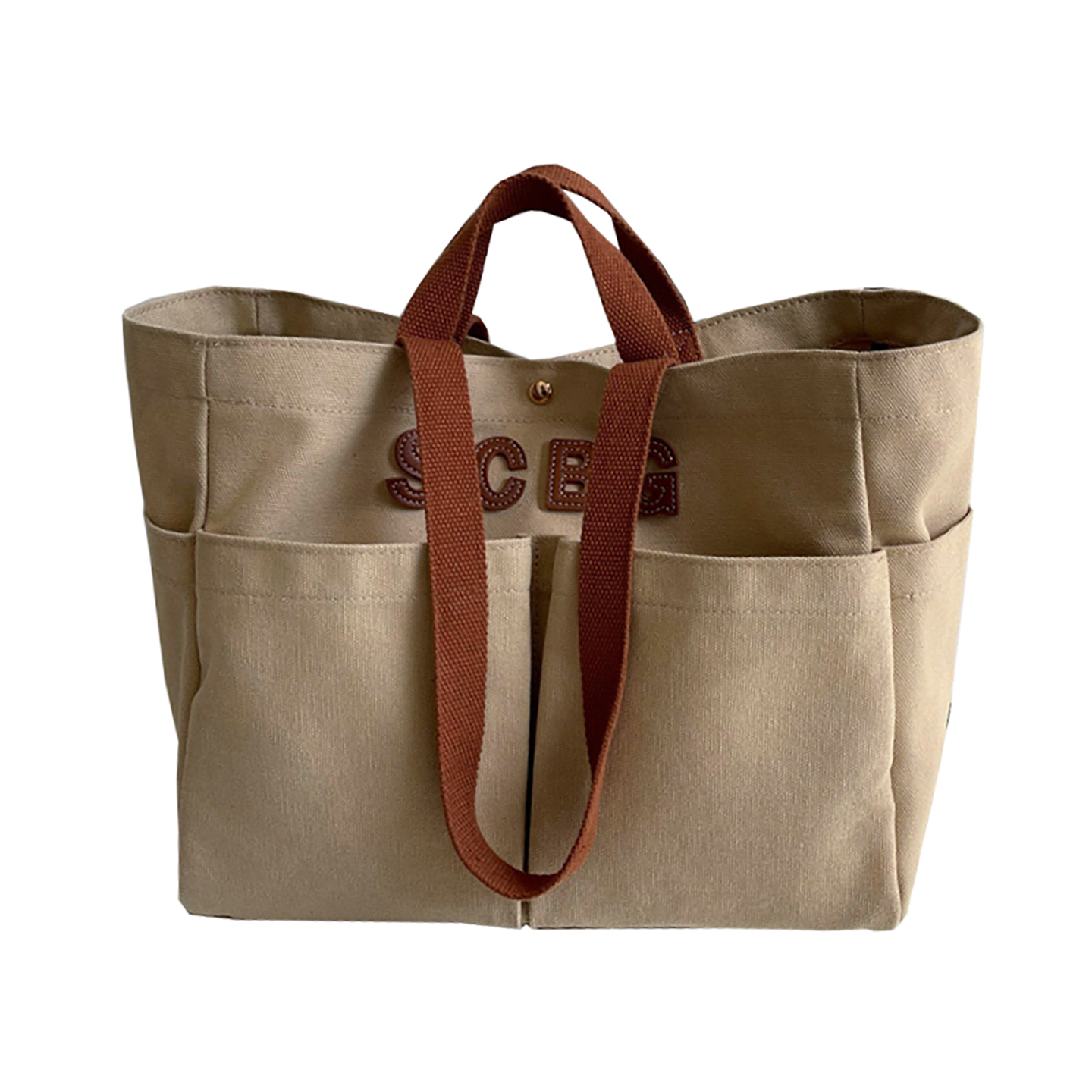 Beige canvas tote handbag with outer pockets and brown webbing handles for logo print, large capacity.