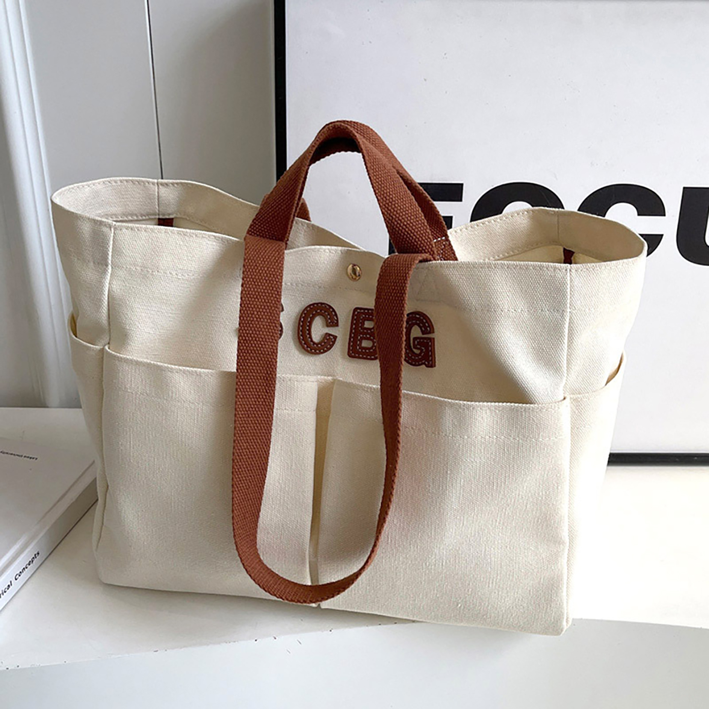 Off-white canvas tote handbag, large work tote for women, printable branding area.