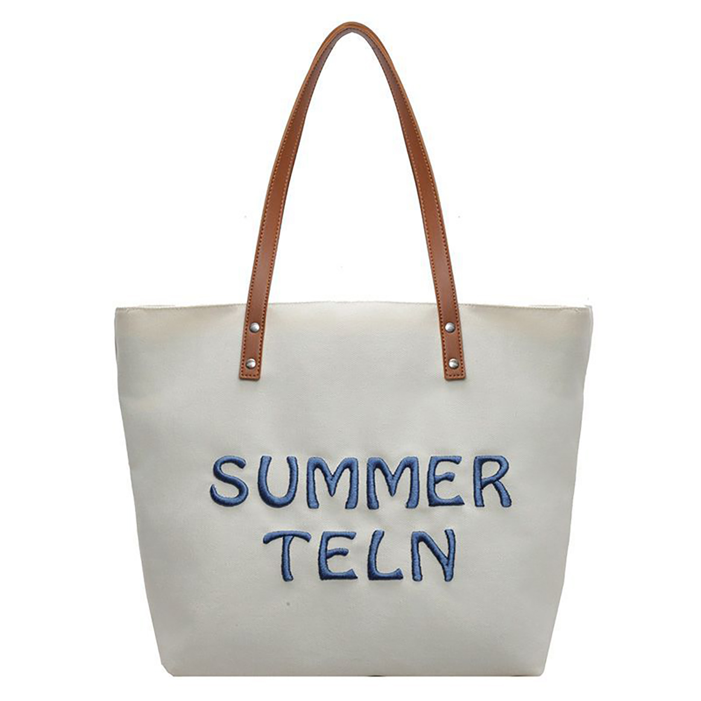 Off-white canvas tote bag with long brown straps and embroidered slogan, custom logo ready.