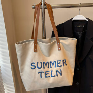 Khaki canvas tote bag with blue embroidery, large capacity work tote for women