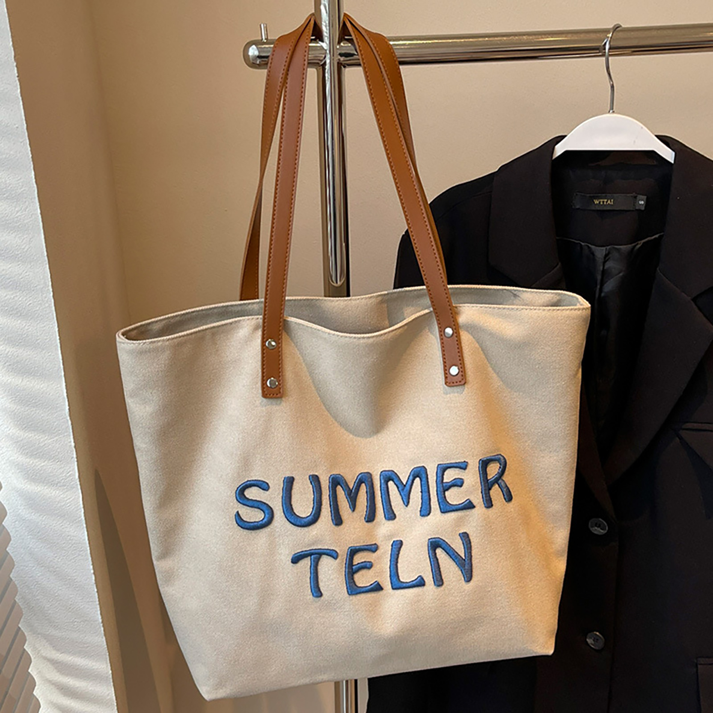 Khaki canvas tote bag with blue embroidery, large capacity work tote for women