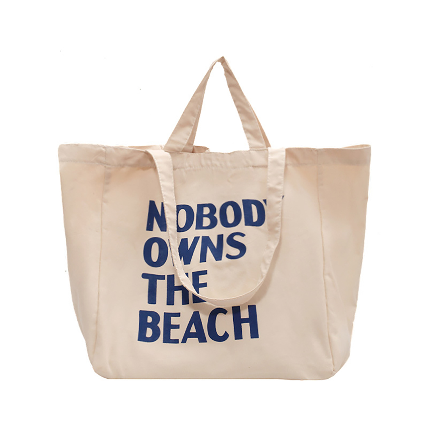 Oversized canvas beach tote bag with blue slogan print and dual straps, custom logo ready