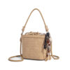 Khaki woven bucket bag with braided handle, crossbody strap, and drawstring pouch.