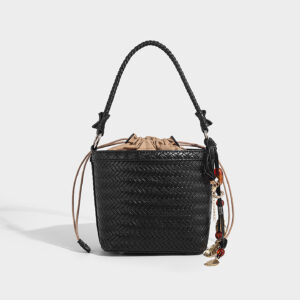 Black woven bucket crossbody with braided handle and secure pouch closure.