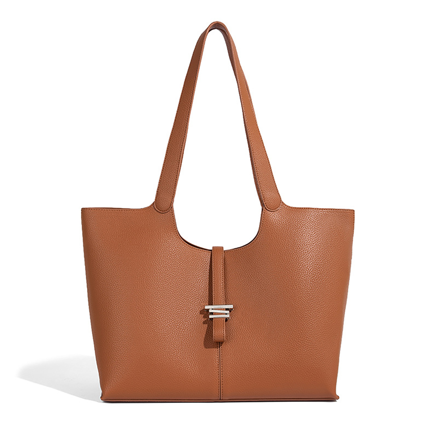 Brown premium PU leather bell tote bag for women with minimalist design and shoulder strap