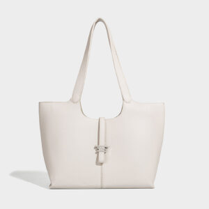 White premium PU leather bell tote bag for women in large horizontal square shape