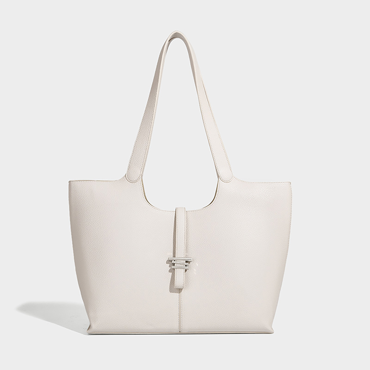 White premium PU leather bell tote bag for women in large horizontal square shape