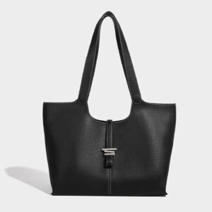 Black premium PU leather bell tote bag for women with open top closure