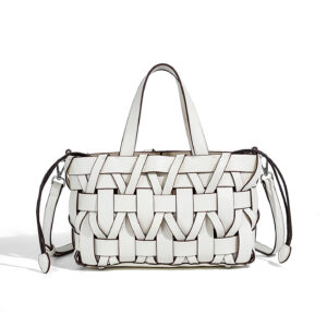 Off-white premium PU woven bucket bag for women with drawstring closure and crossbody strap