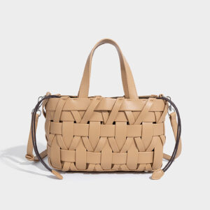 Apricot premium PU woven bucket bag for women ideal for summer casual outings