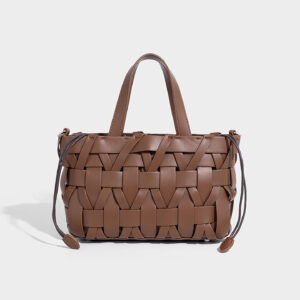 Brown premium PU woven bucket bag for women in small water bucket shape
