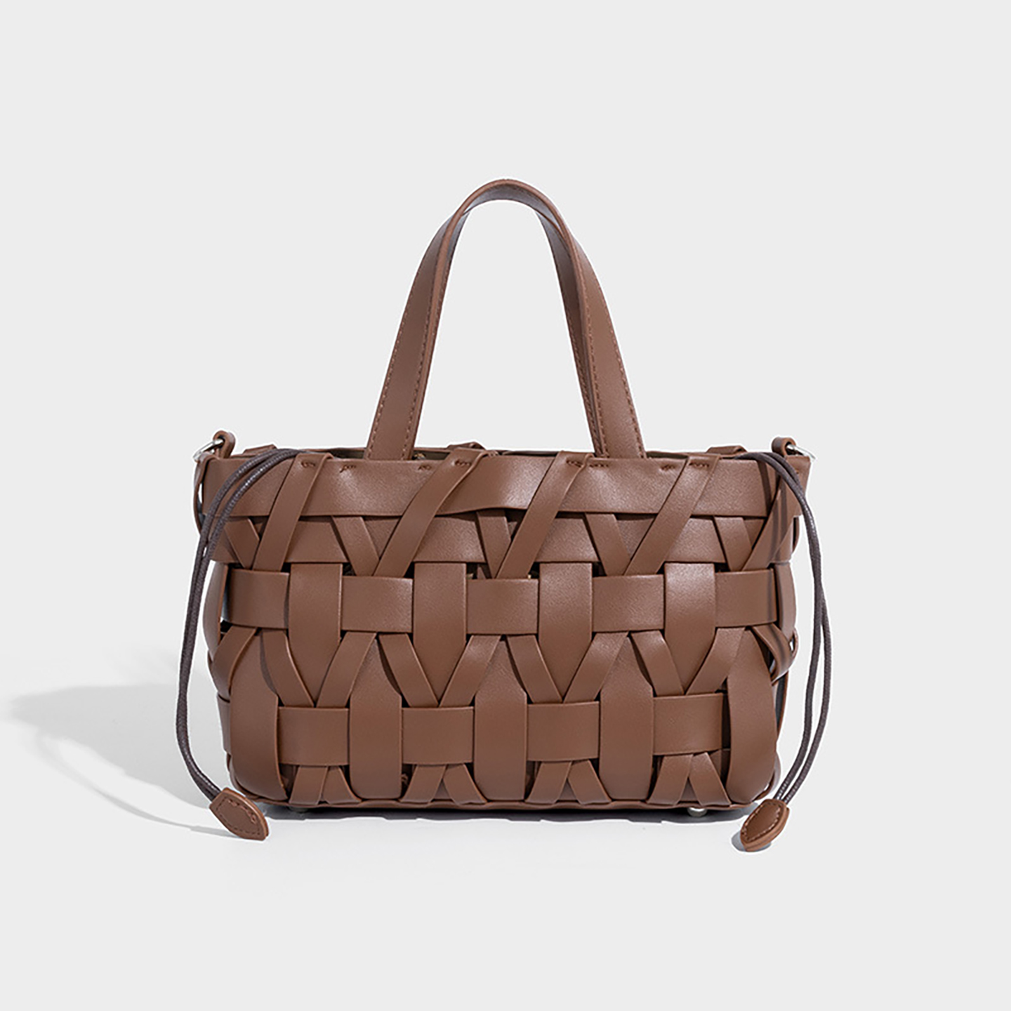 Brown premium PU woven bucket bag for women in small water bucket shape