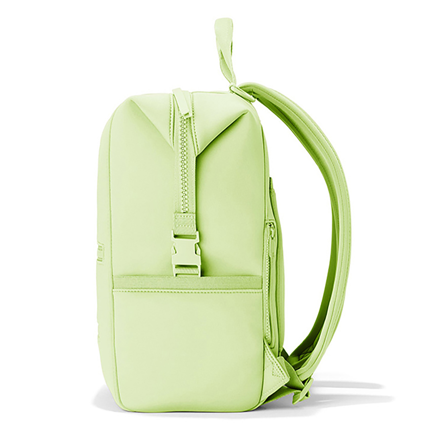 Side view of green premium neoprene diaper bag backpack showing buckle closure