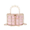 Pink premium pearl embellished bucket bag for women with crystal cage and chain strap