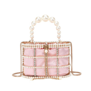 Pink premium pearl embellished bucket bag for women with crystal cage and chain strap