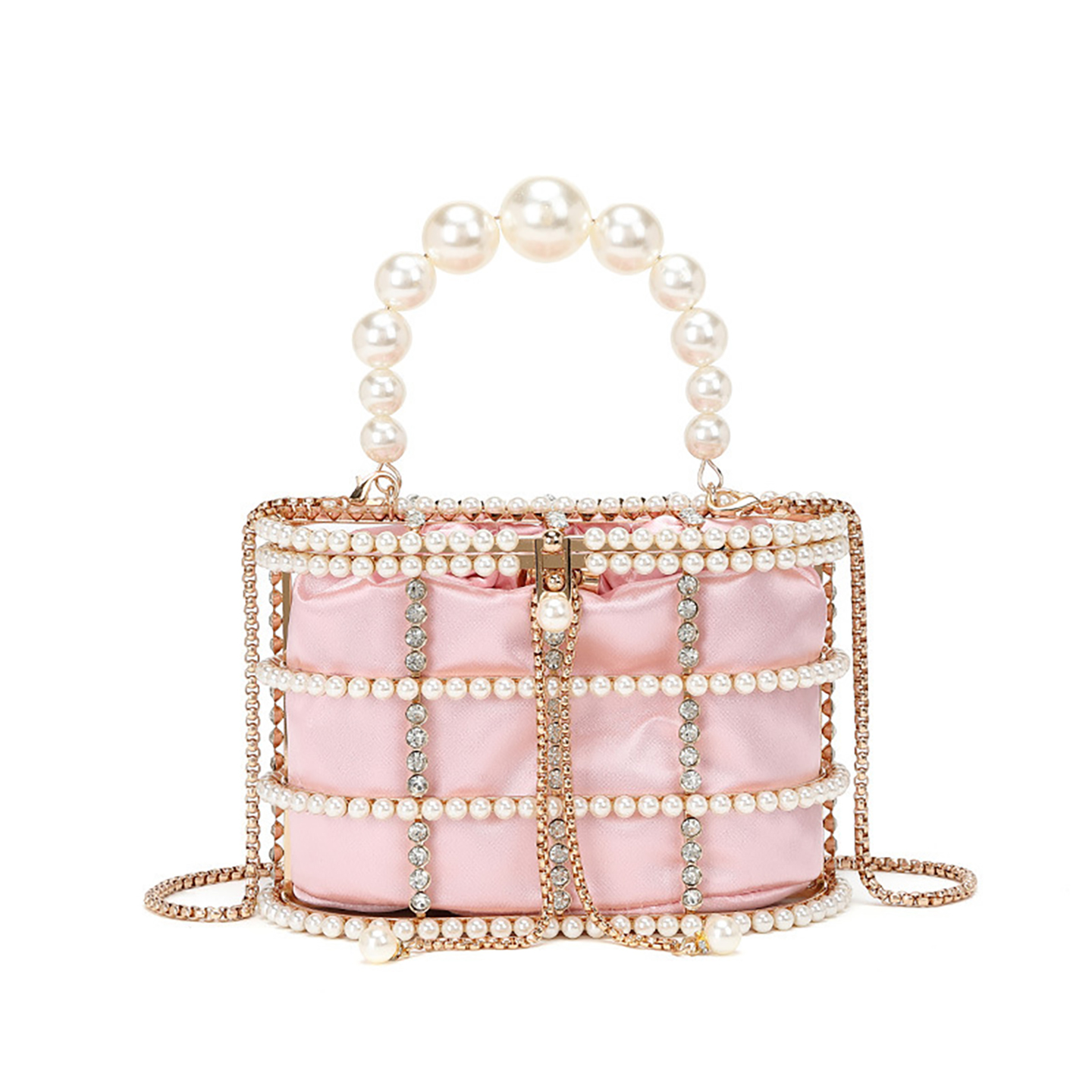 Pink premium pearl embellished bucket bag for women with crystal cage and chain strap