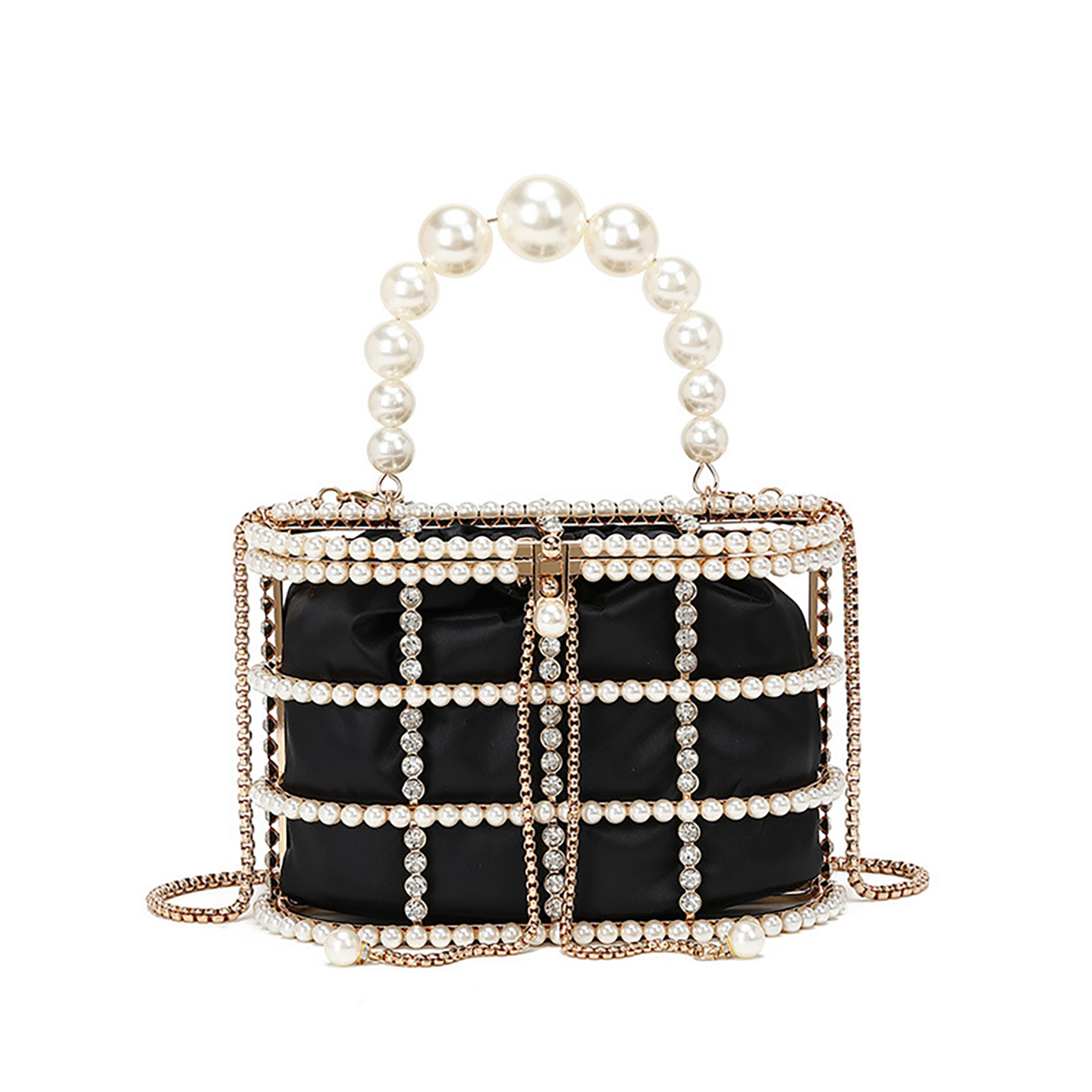 Black premium pearl embellished bucket bag for women ideal for evening events