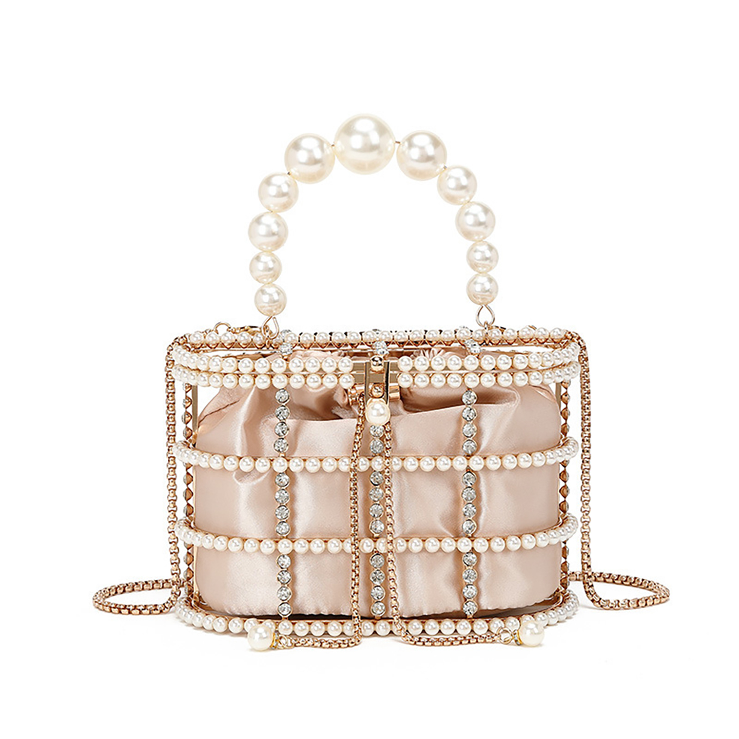 Beige premium pearl embellished bucket bag for women in small bucket shape
