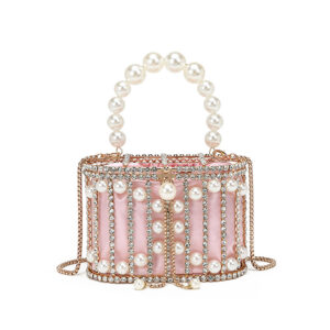 Light pink premium pearl embellished bucket bag for women featuring luxury decoration