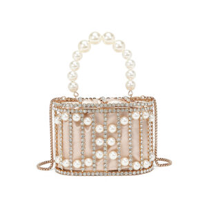 Light pink premium pearl embellished bucket bag for women featuring luxury decoration