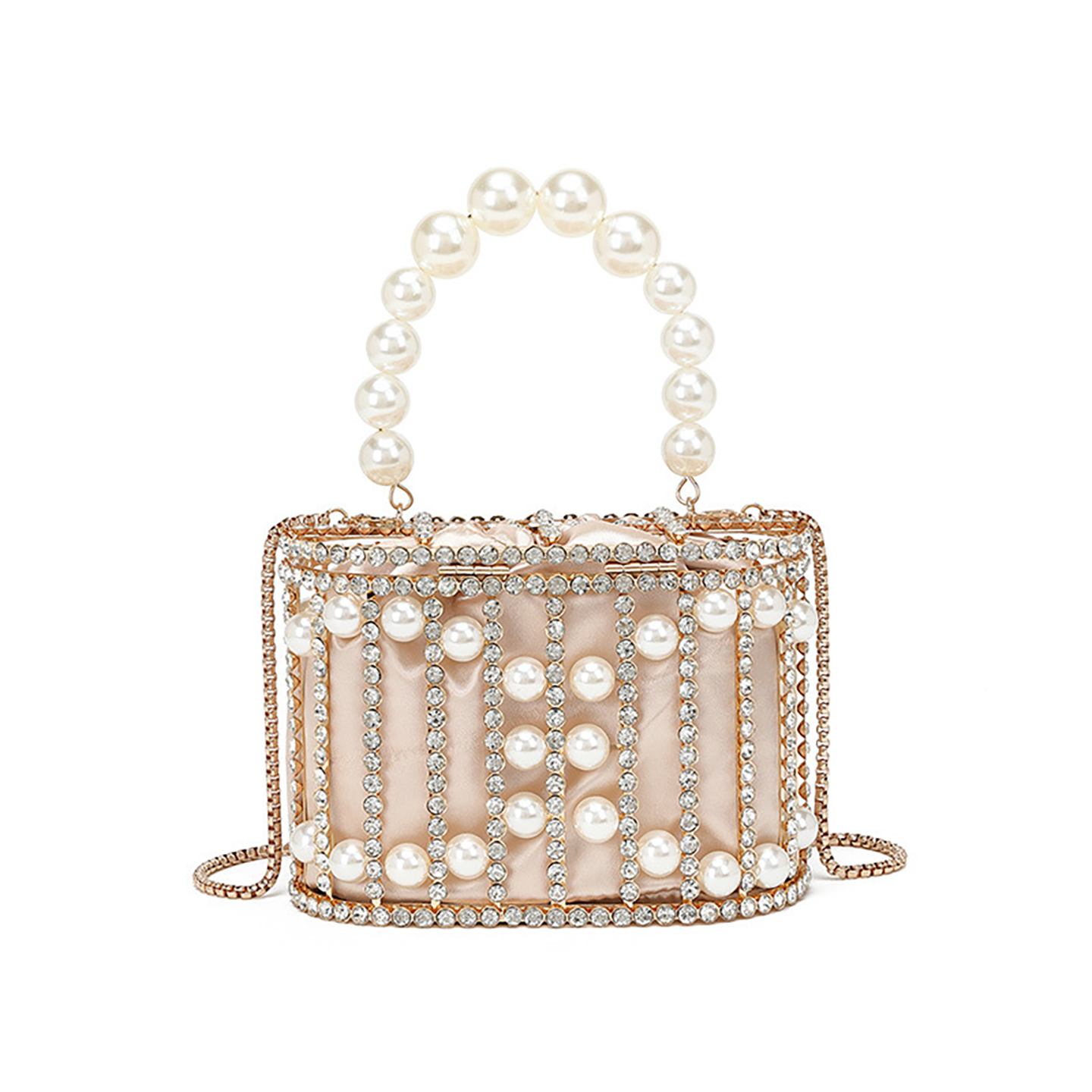 Light pink premium pearl embellished bucket bag for women featuring luxury decoration