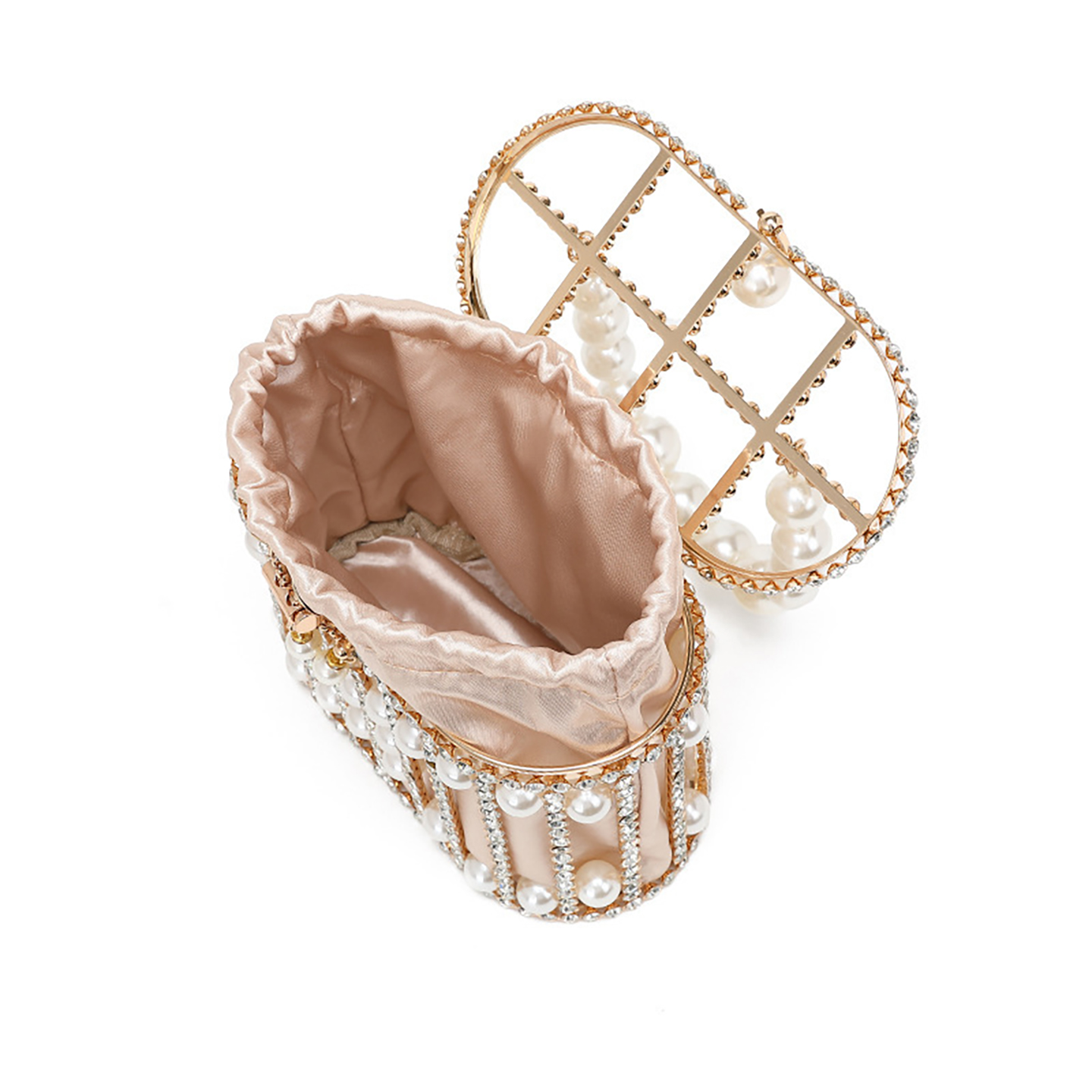 Interior view of premium pearl embellished bucket bag showing open pocket and satin lining.