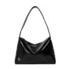 Front view of black oil wax PU leather shoulder bag for women with braided strap and studs
