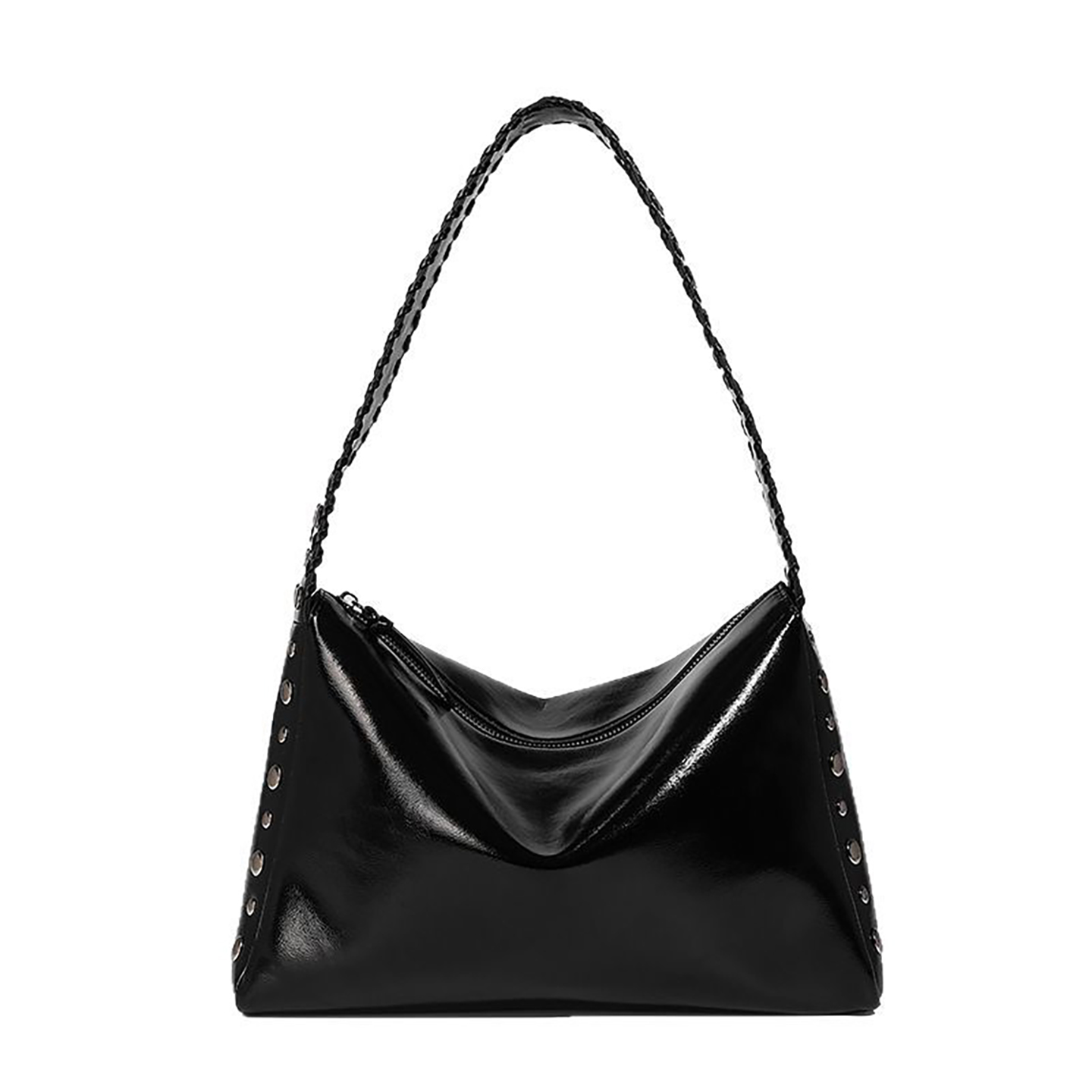 Front view of black oil wax PU leather shoulder bag for women with braided strap and studs