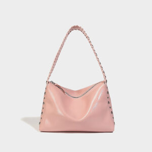 Front view of pink oil wax PU leather shoulder bag for women in casual style
