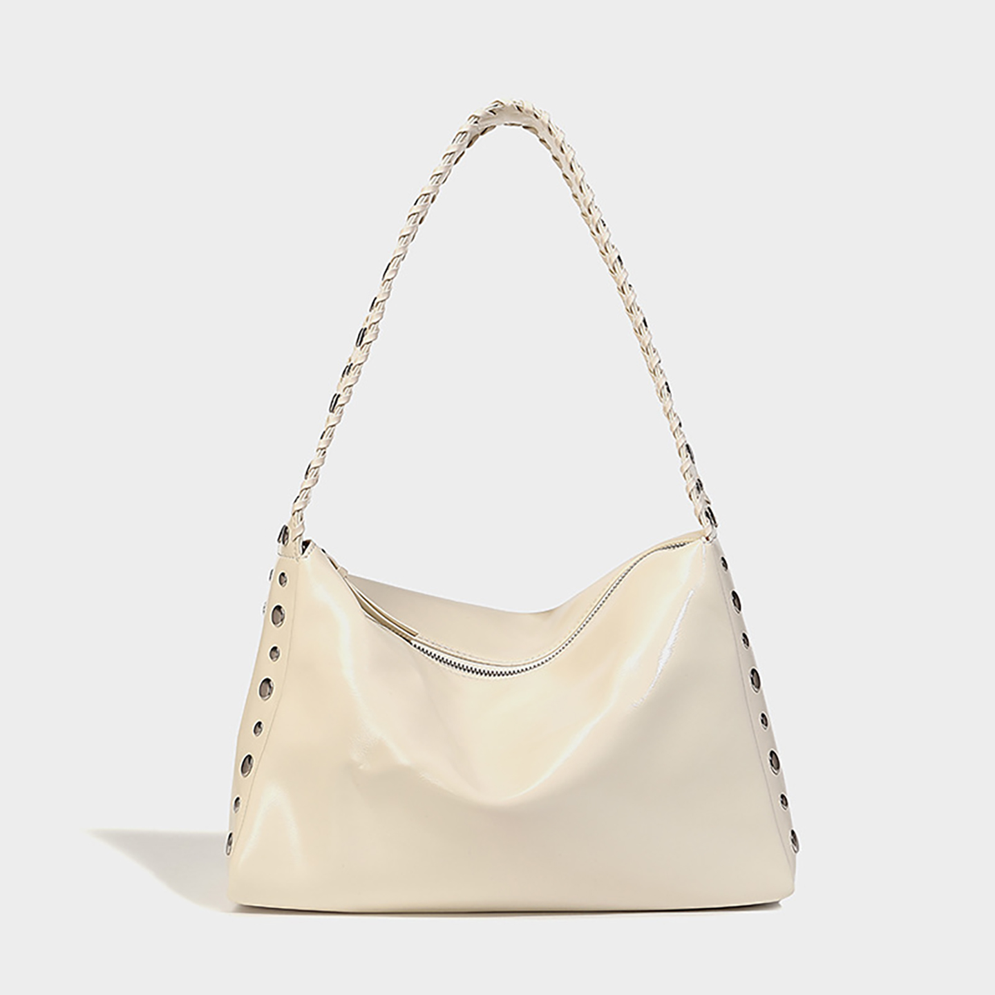 Front view of off-white oil wax PU leather shoulder bag with minimalist design