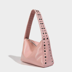 Side view of pink oil wax PU leather shoulder bag highlighting glossy finish